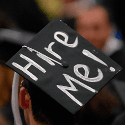 Illustration of a person holding a "Hire Me" sign, symbolising job search or applications