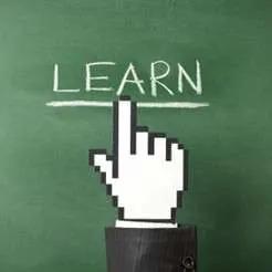 Mouse cursor clicking 'Learn' – online study promotion