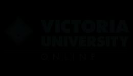 Logo of Victoria University in blue and white