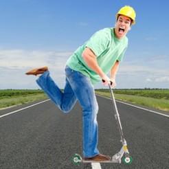 Young engineer riding an electric scooter in an urban setting.